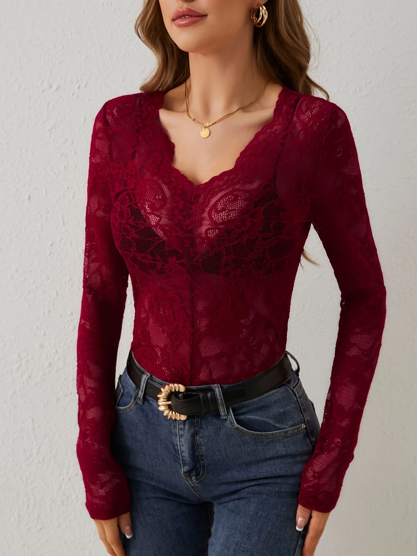 Women's Lace Blouse with Long Sleeve and Sheer Details - Image 3