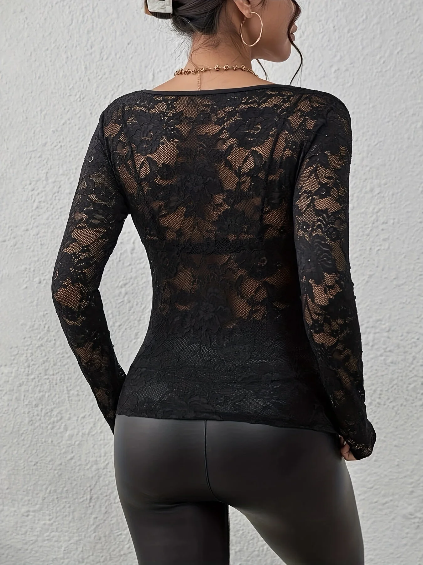 Women's Lace Blouse with Long Sleeve and Sheer Details - Image 6