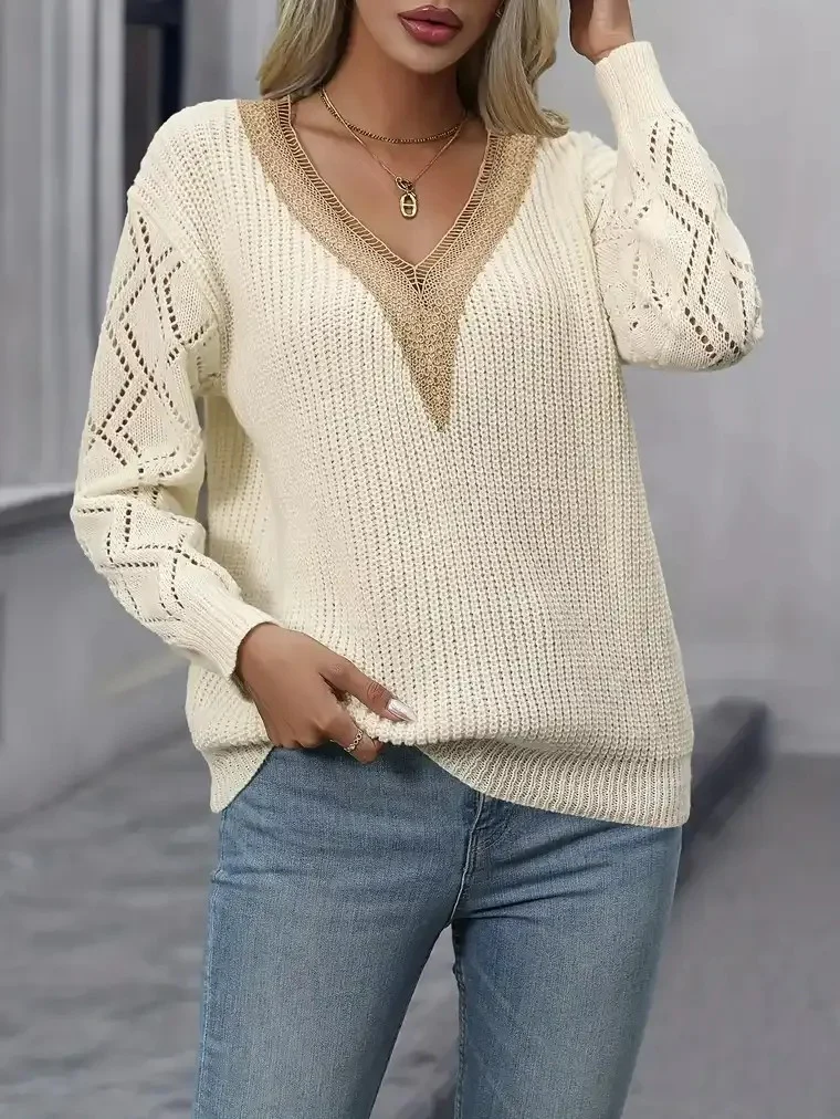 Women's Lace Trim V-Neck Sweater - Image 3
