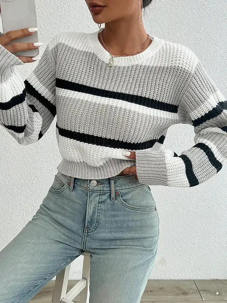 Women's Lantern Sleeves Cropped Striped Sweater - Image 2