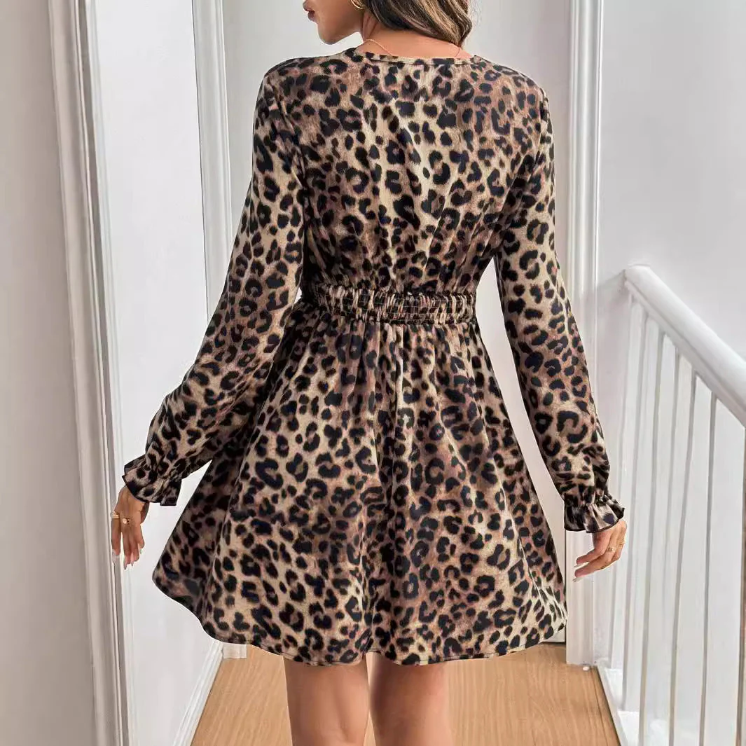 Women's Leopard Print Mini Dress with V-neckline Lace Trim and Long Sleeve - Image 2
