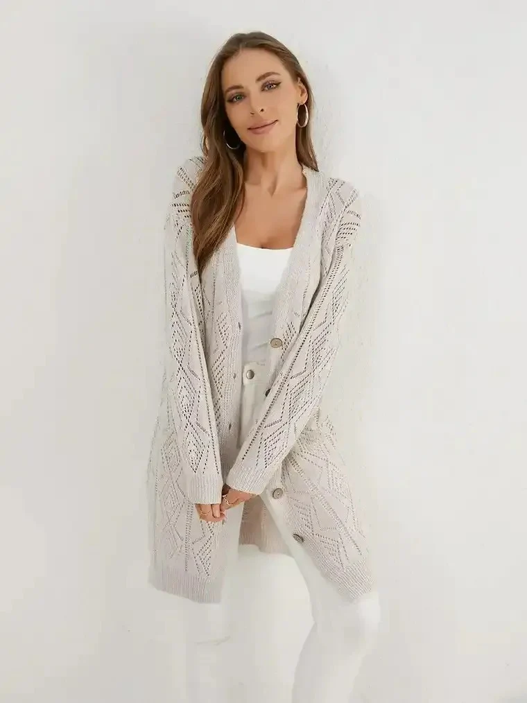 Women's Long Diamond Pattern Knit Cardigan - Image 3