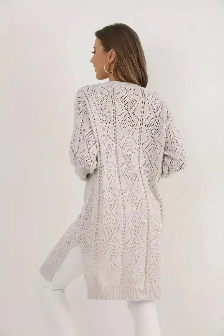 Women's Long Diamond Pattern Knit Cardigan - Image 4