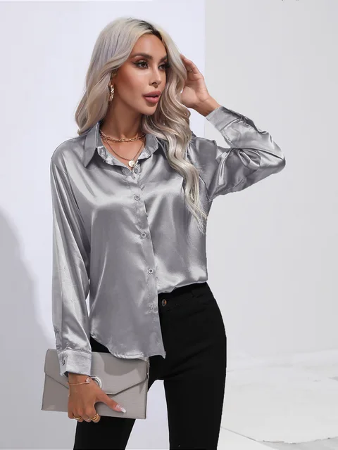 Women's Long Sleeve Blouse with Buttons and Smooth Fabric - Image 2