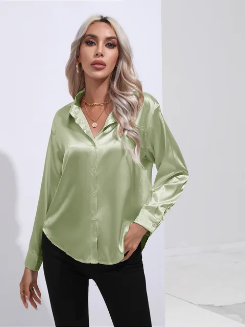 Women's Long Sleeve Blouse with Buttons and Smooth Fabric - Image 3