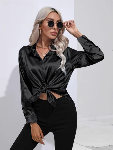 Women's Long Sleeve Blouse with Buttons and Smooth Fabric - Image 5