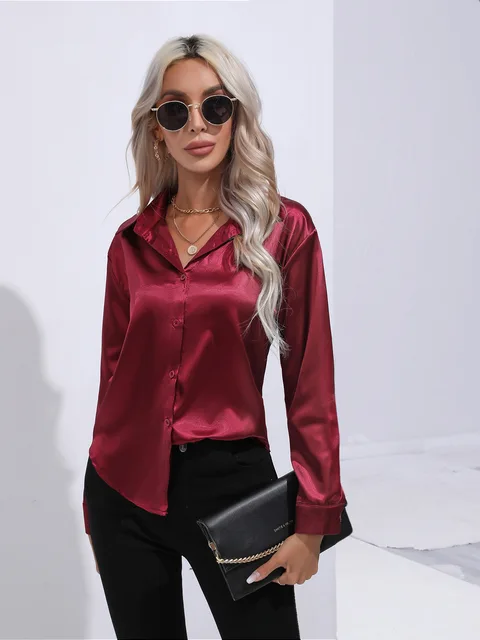 Women's Long Sleeve Blouse with Buttons and Smooth Fabric - Image 8