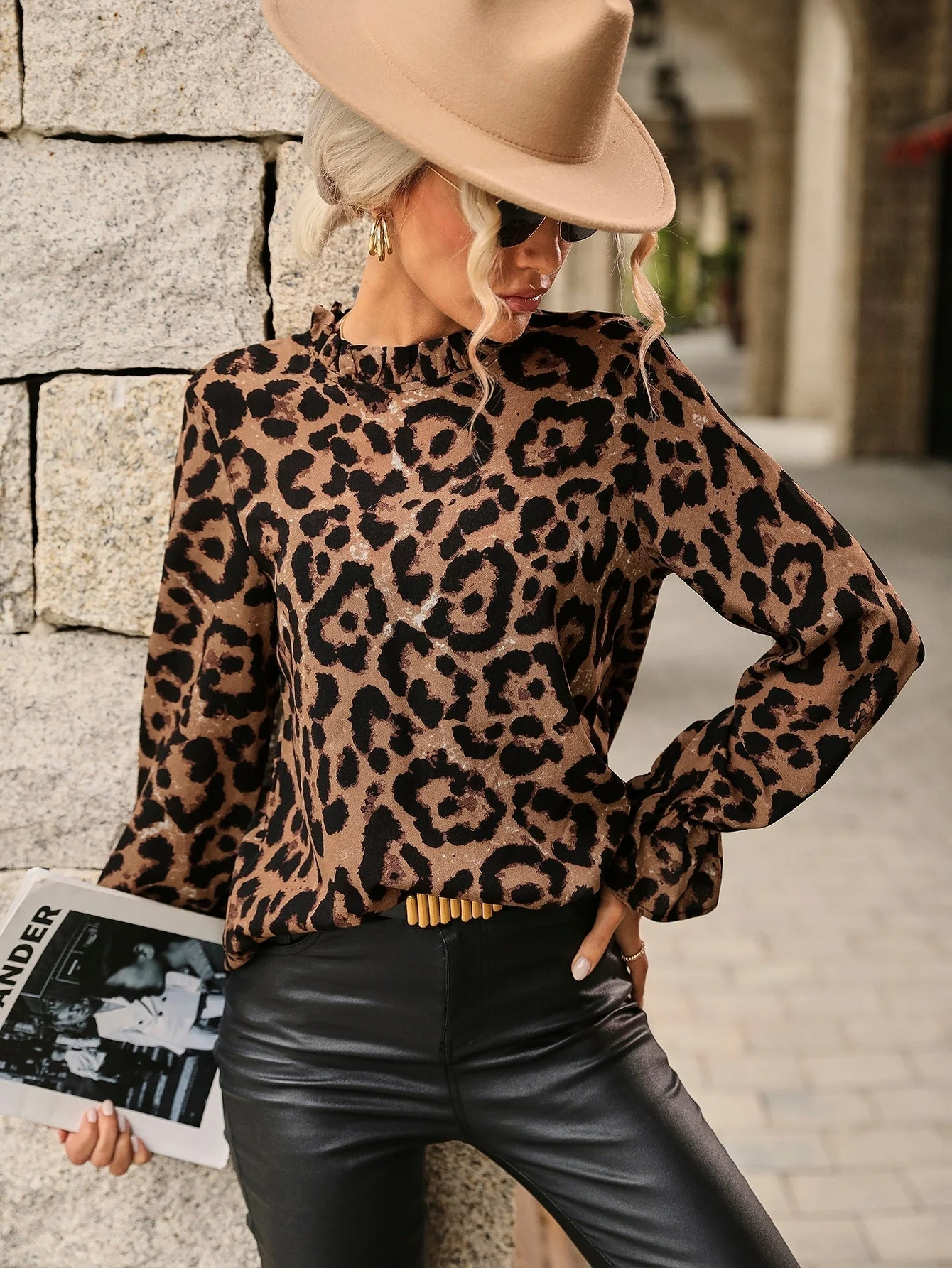 Women's Long Sleeve Blouse with Leopard Print and Ruffle Neckline