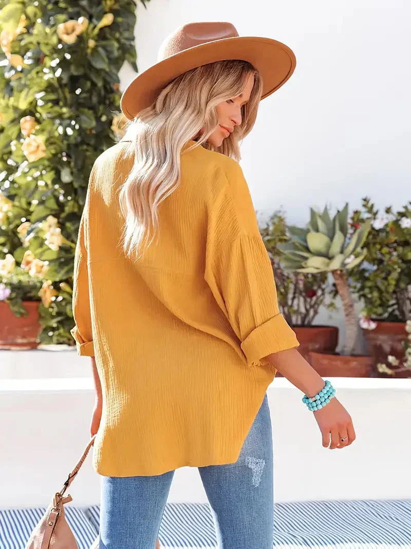 Women's Loose Long Sleeve Shirt with Buttons and Chest Pocket - Image 3