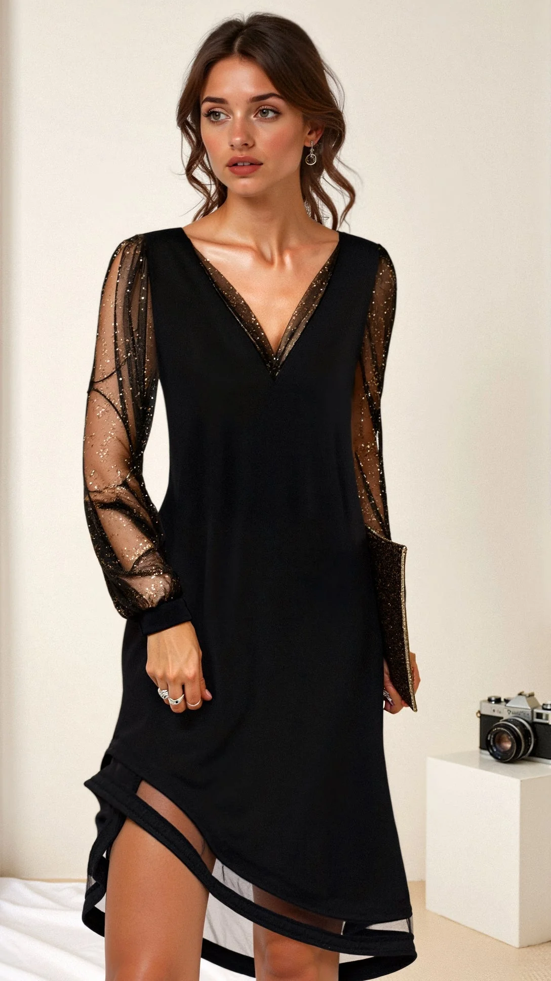 Women's Mesh Sleeve Mini Dress with Sheer Hem Details and V-Neck
