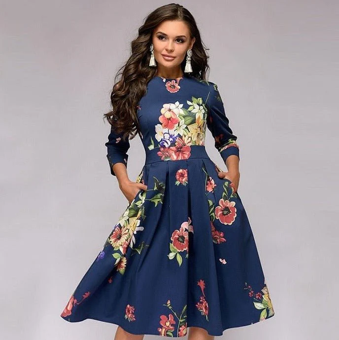 Women's Midi Formal Dress with Half Sleeves and Floral Print - Image 2