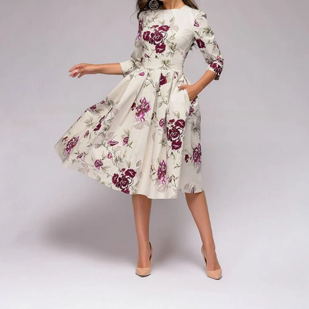 Women's Midi Formal Dress with Half Sleeves and Floral Print - Image 6