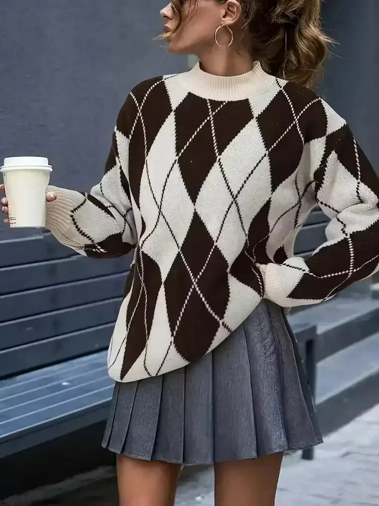 Women's Mock Turtleneck Sweater with Argyle Pattern - Image 2