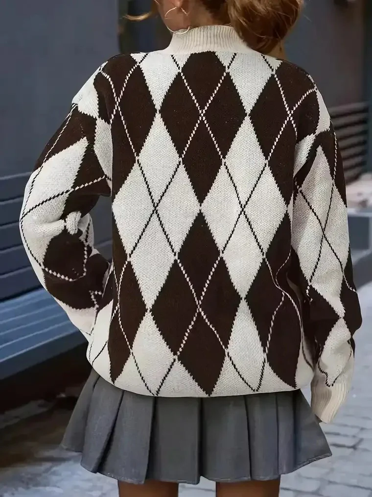Women's Mock Turtleneck Sweater with Argyle Pattern - Image 3
