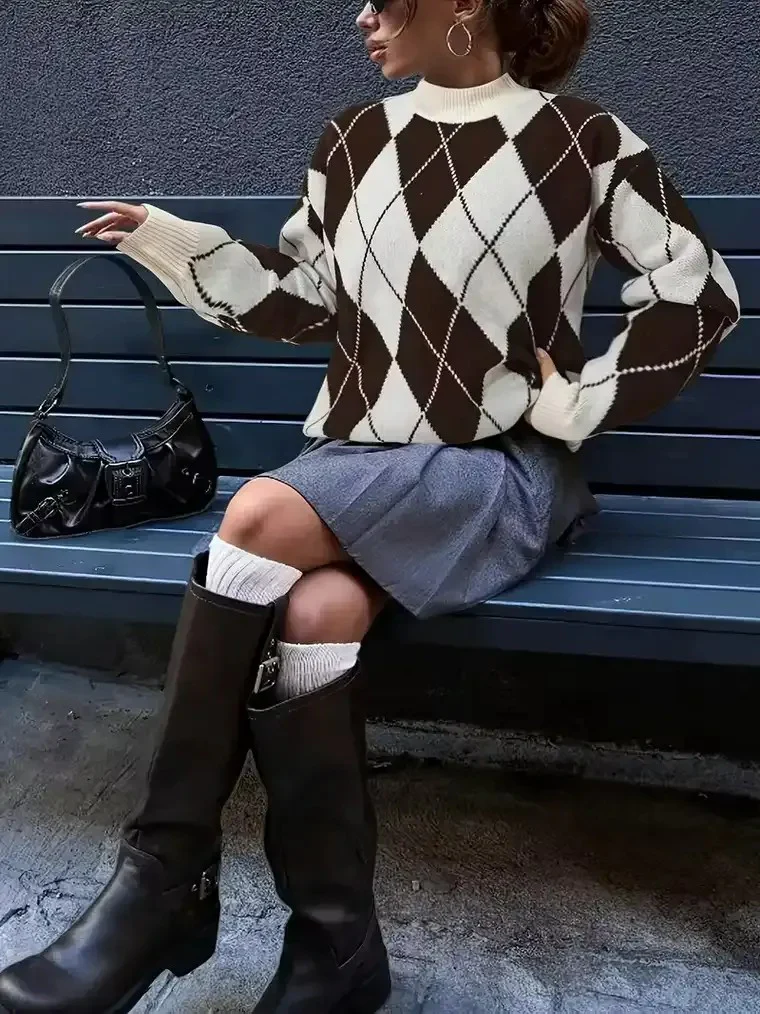 Women's Mock Turtleneck Sweater with Argyle Pattern - Image 4