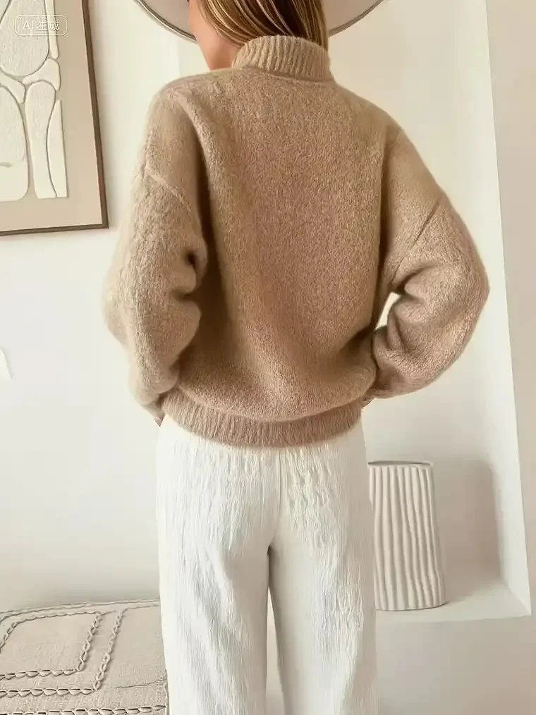 Women's Mock Turtleneck Sweater with Shoulder Button Accents - Image 2