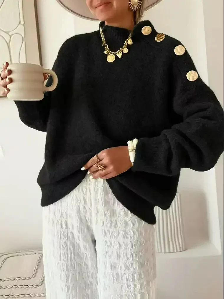 Women's Mock Turtleneck Sweater with Shoulder Button Accents - Image 3