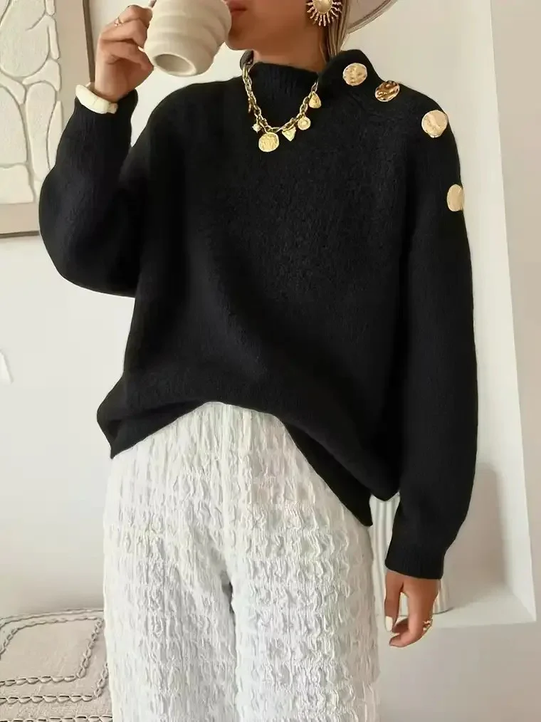 Women's Mock Turtleneck Sweater with Shoulder Button Accents - Image 4
