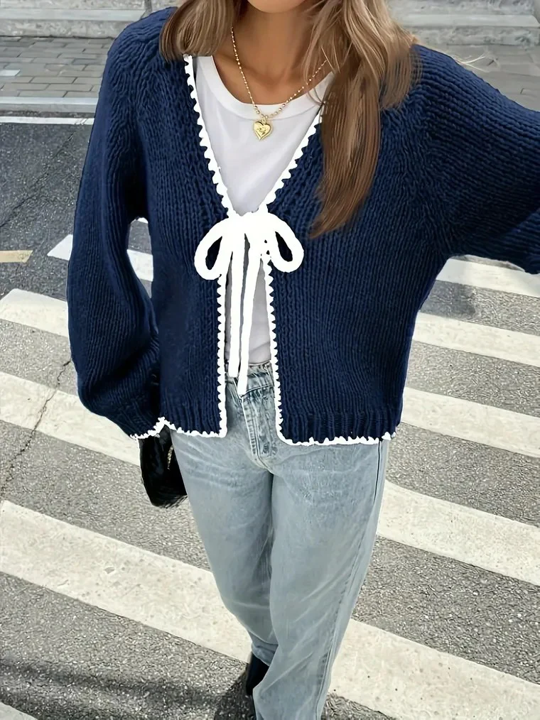 Women's Navy Blue V-neck Cardigan - Image 2