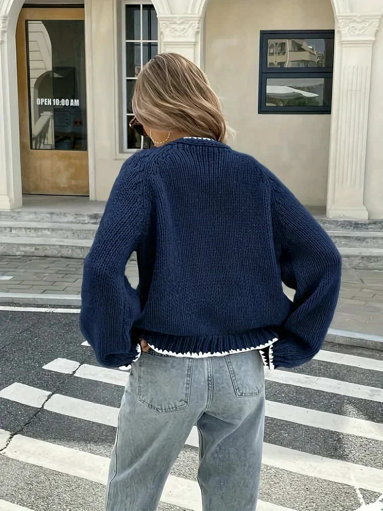 Women's Navy Blue V-neck Cardigan - Image 3