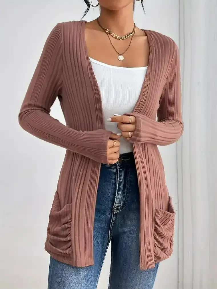 Women's Open-Front Cardigan with Ruched Pockets - Image 2