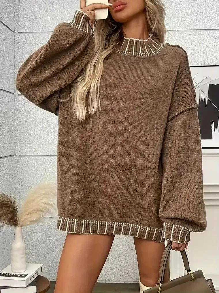 Women's Oversized Contrast Stripe Sweater - Image 3
