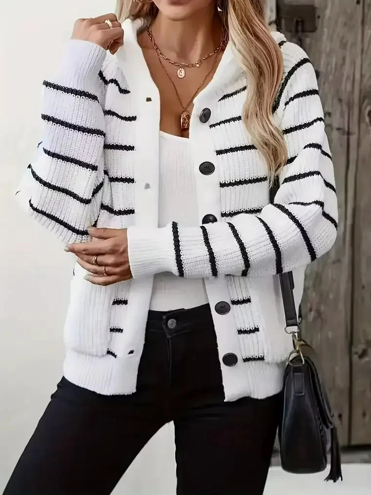 Women's Plus Size Striped Hooded Cardigan - Image 2