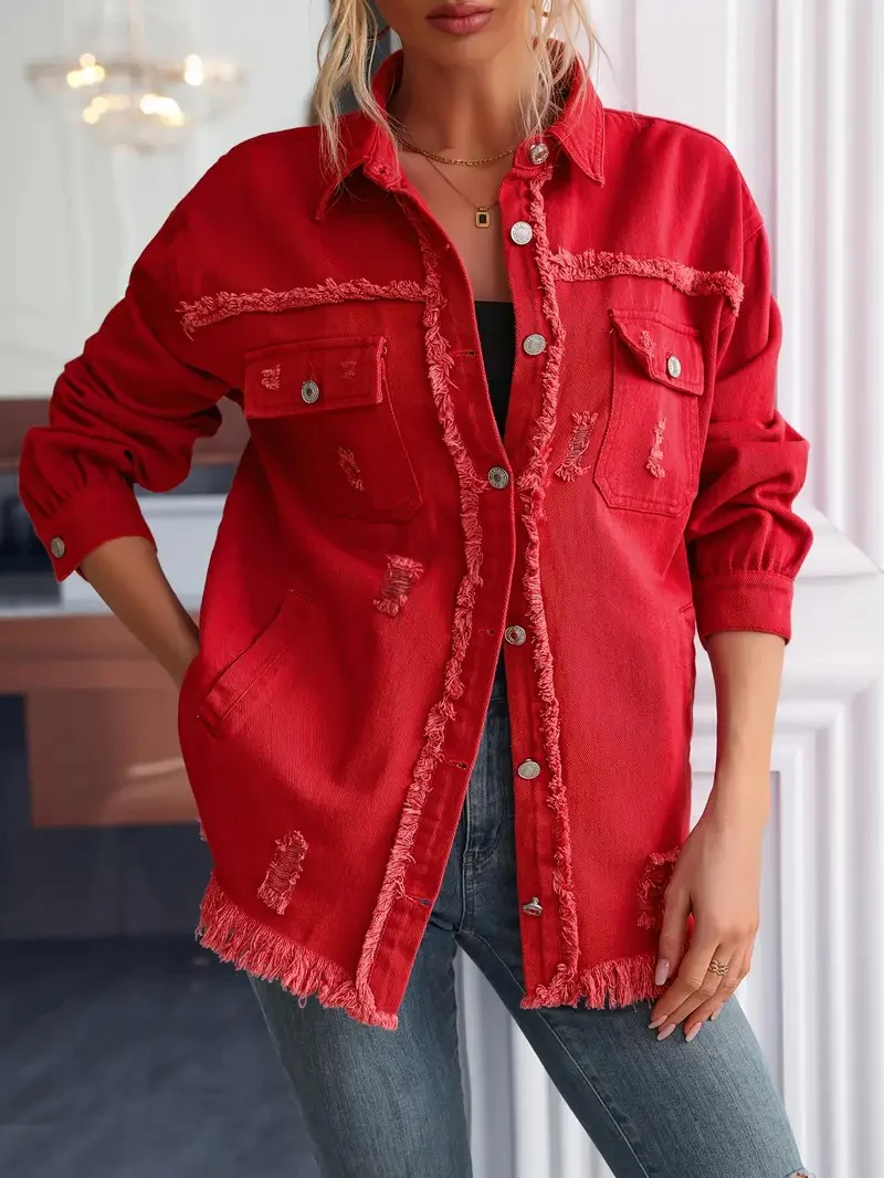 Women's Red Distressed Denim Jacket - Image 3