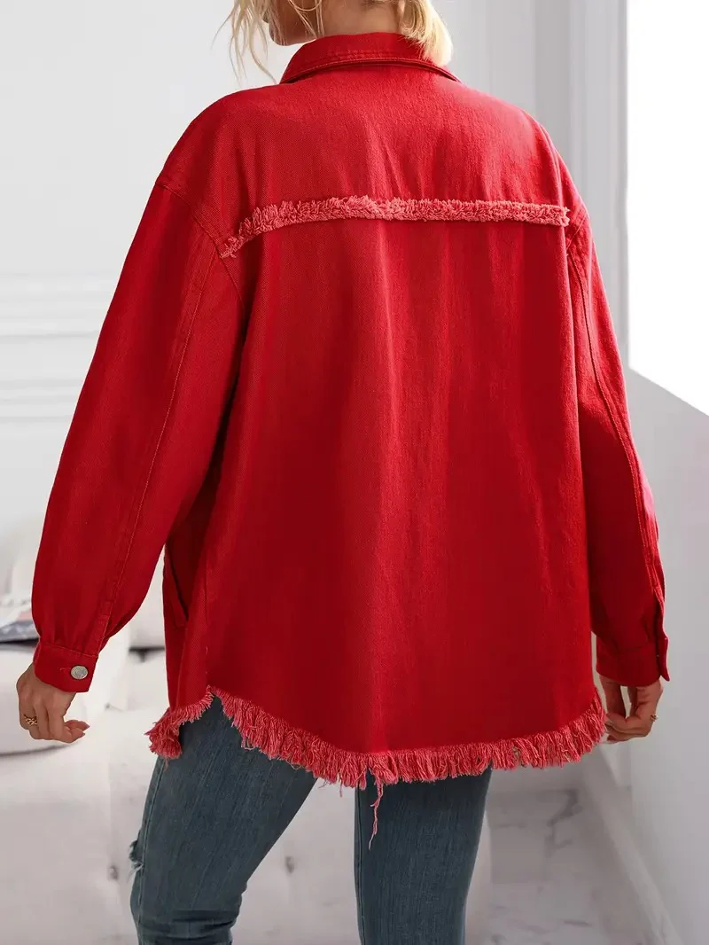 Women's Red Distressed Denim Jacket - Image 4