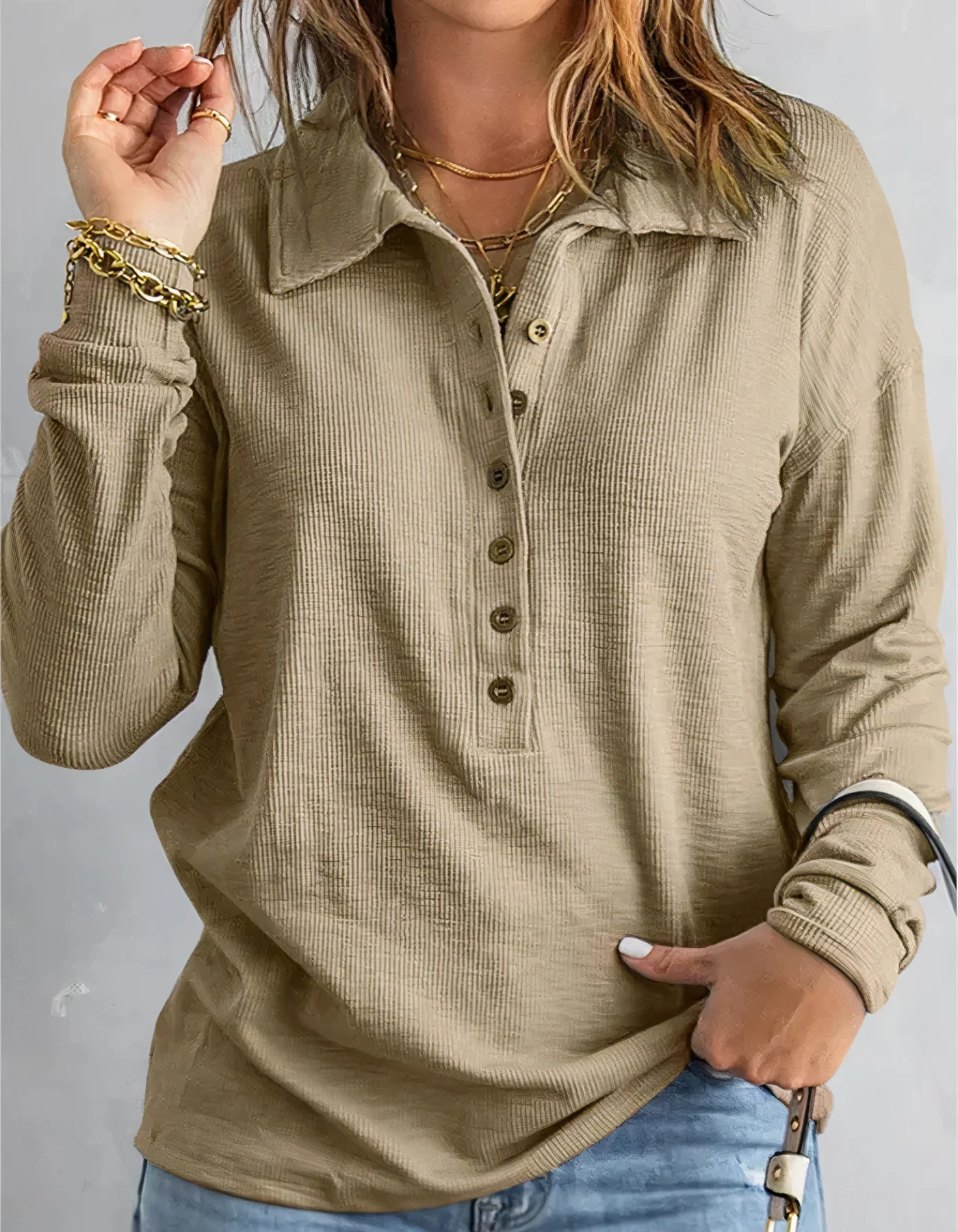 Women's Ribbed Polo Shirt with Long Sleeve and Buttons - Image 3