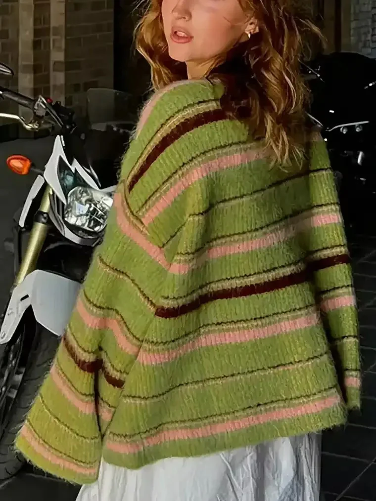 Women's Round Neck Button-Front Striped Cardigan - Image 3