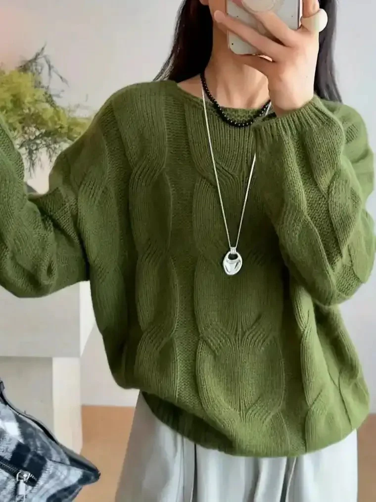 Women's Round Neck Cable Knit Sweater - Image 3
