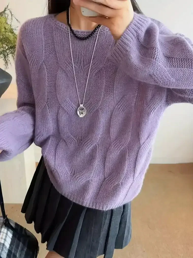 Women's Round Neck Cable Knit Sweater - Image 4