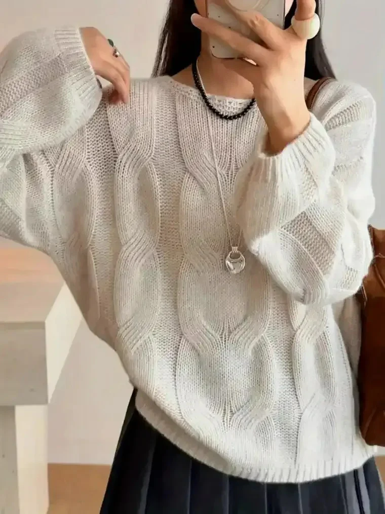 Women's Round Neck Cable Knit Sweater - Image 5