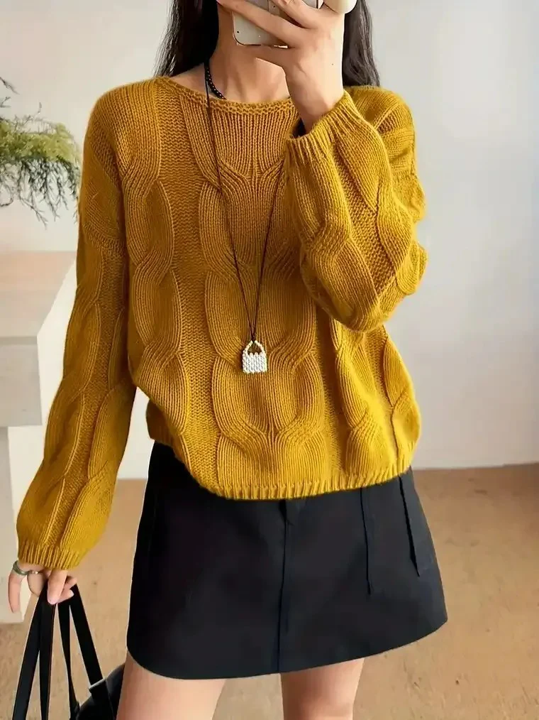 Women's Round Neck Cable Knit Sweater - Image 6