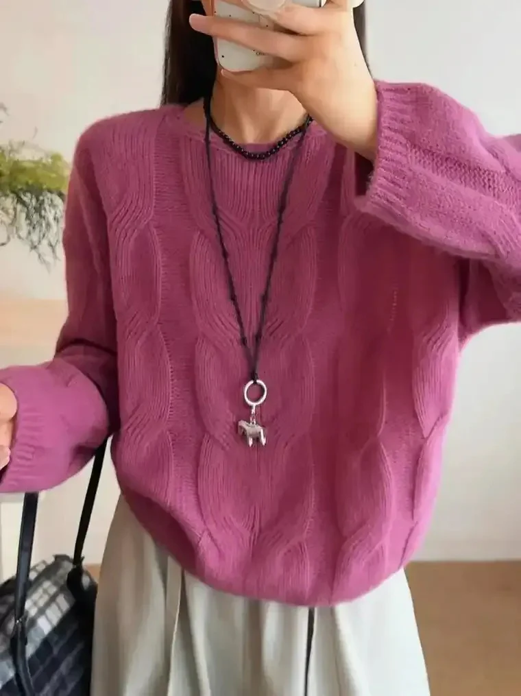 Women's Round Neck Cable Knit Sweater - Image 7