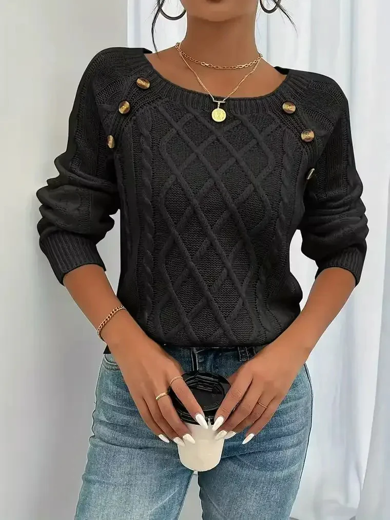 Women's Round Neck Sweater with Shoulder Buttons - Image 3
