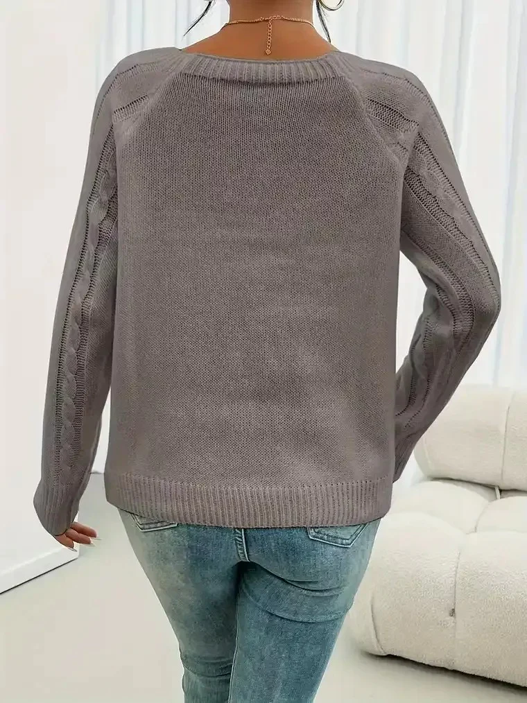 Women's Round Neck Sweater with Shoulder Buttons - Image 6