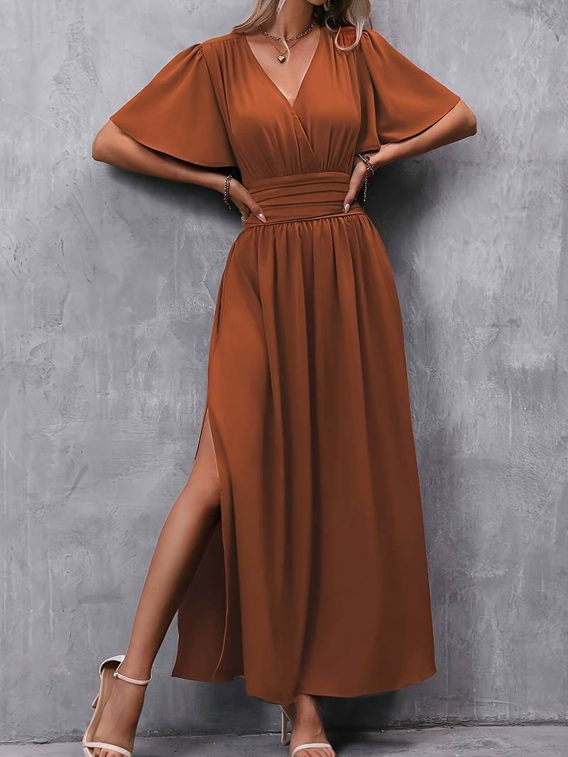 Women's Short Sleeve Maxi Dress with V-neckline and Slit - Image 2