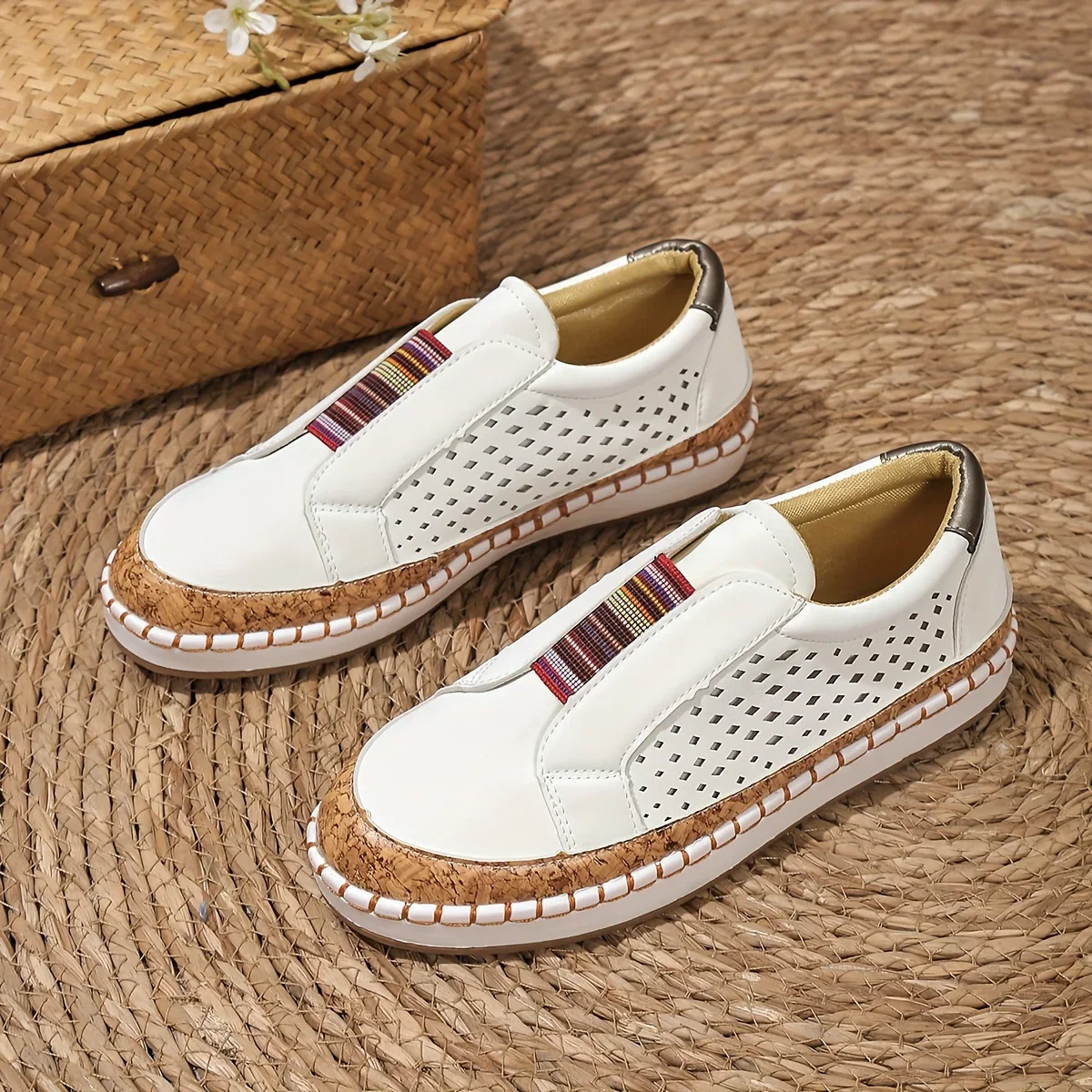 Women's Slip-On Loafers with Multicolor Elastic Band and Perforated Detail - Image 2