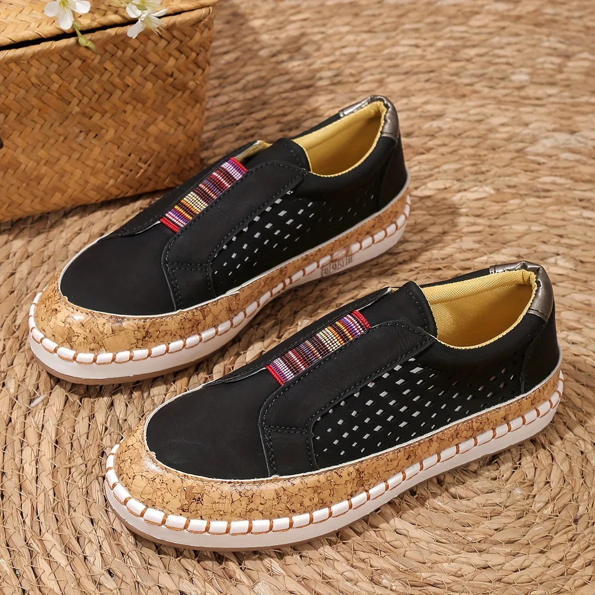 Women's Slip-On Loafers with Multicolor Elastic Band and Perforated Detail - Image 3
