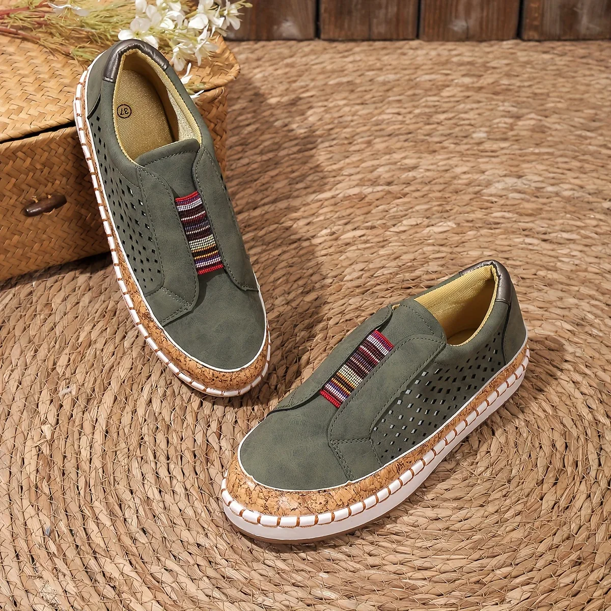 Women's Slip-On Loafers with Multicolor Elastic Band and Perforated Detail - Image 4