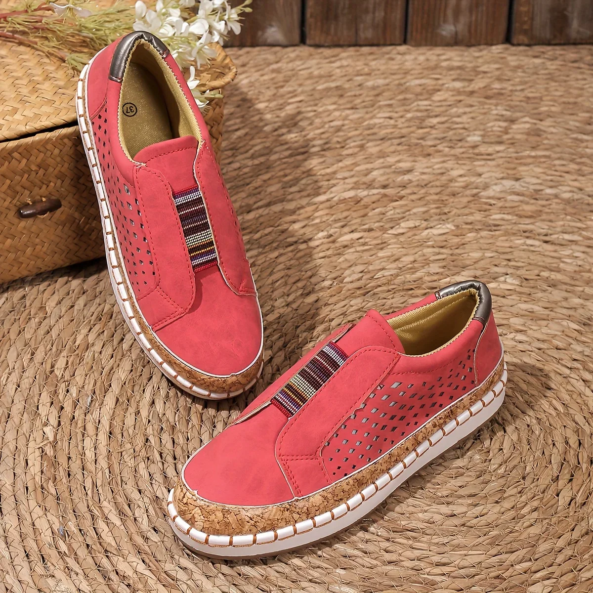 Women's Slip-On Loafers with Multicolor Elastic Band and Perforated Detail - Image 5