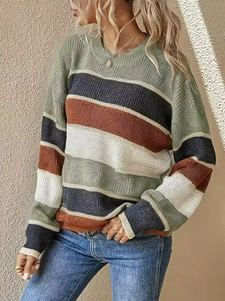 Women's Striped Colour-Block Crewneck Sweater - Image 2