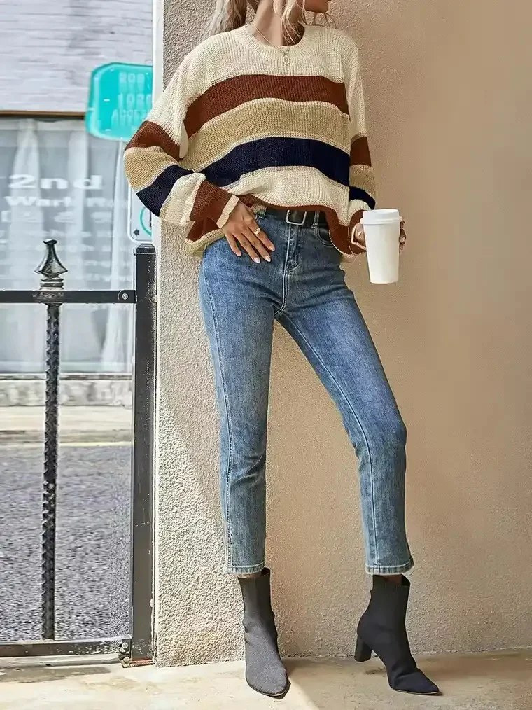 Women's Striped Colour-Block Crewneck Sweater - Image 4