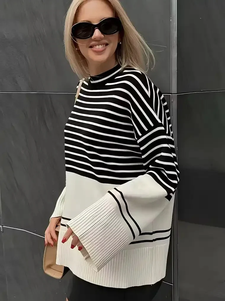 Women's Striped Mock Turtleneck Sweater - Image 2