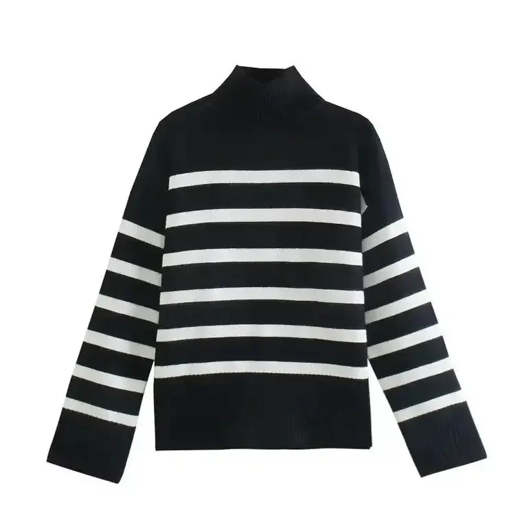 Women's Striped Turtleneck Knitted Sweater - Image 3