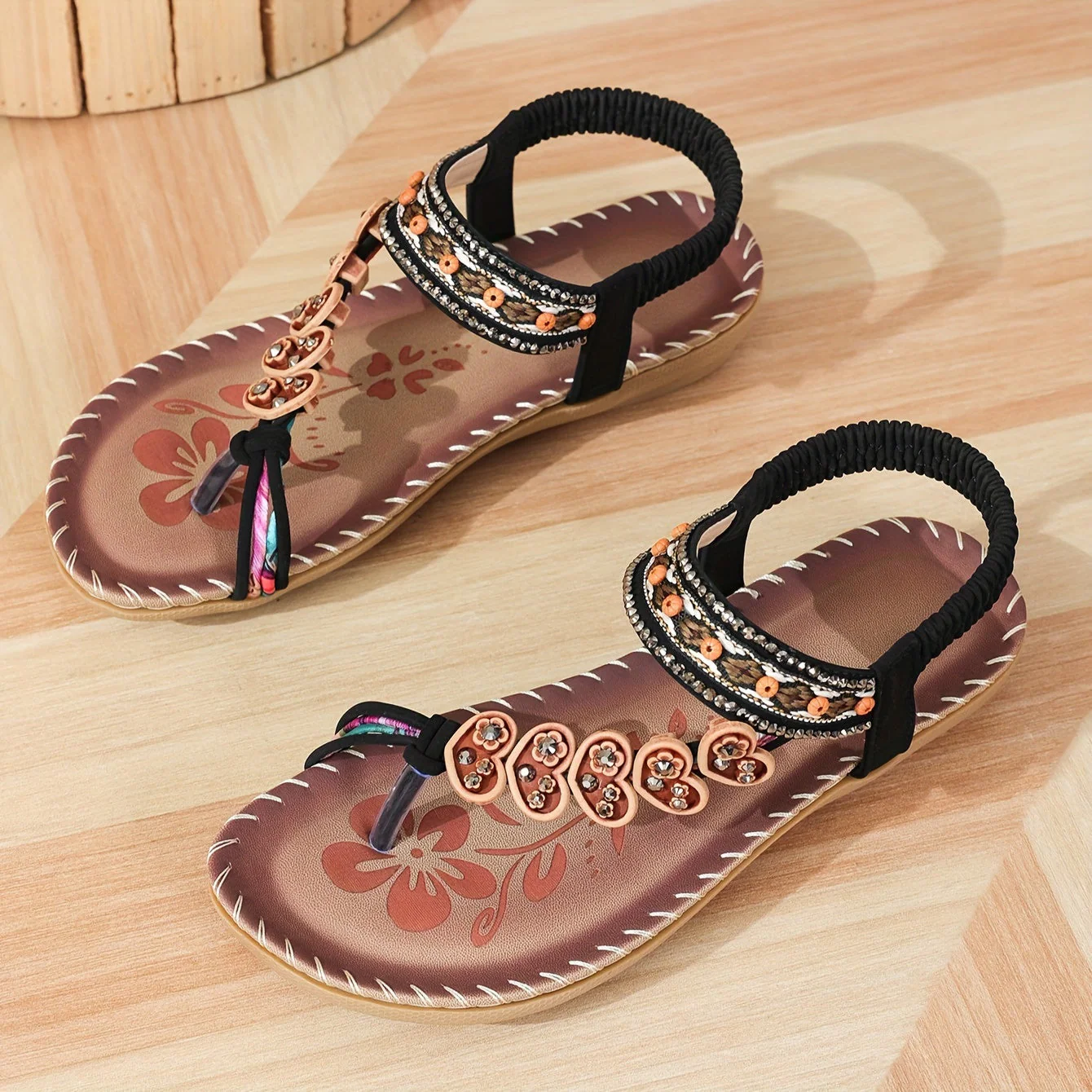 Women's Summer Beaded Sandals with Embroidered Strap and Printed Insole - Image 3