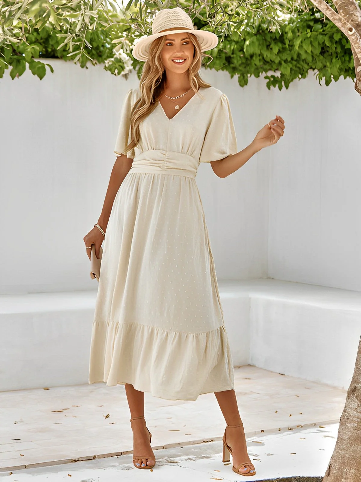 Women's Summer Belted Midi Dress with V-neck and Short Sleeve