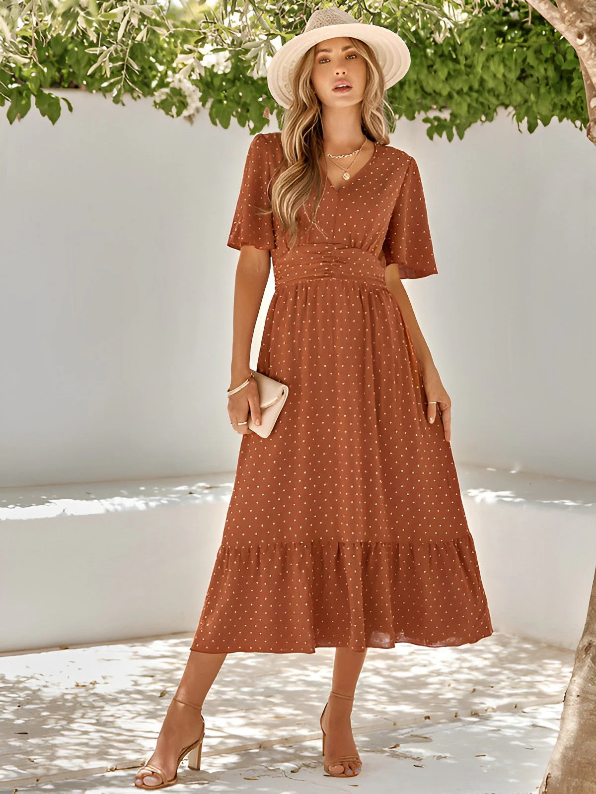 Women's Summer Belted Midi Dress with V-neck and Short Sleeve - Image 3
